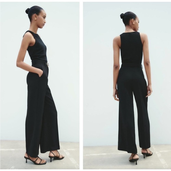 New ZARA Black Belted Wide Leg Drapey Trouser Pants - Picture 3 of 13